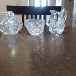Bohemian Pinwheel cut crystal small basket, pitcher and bowl.